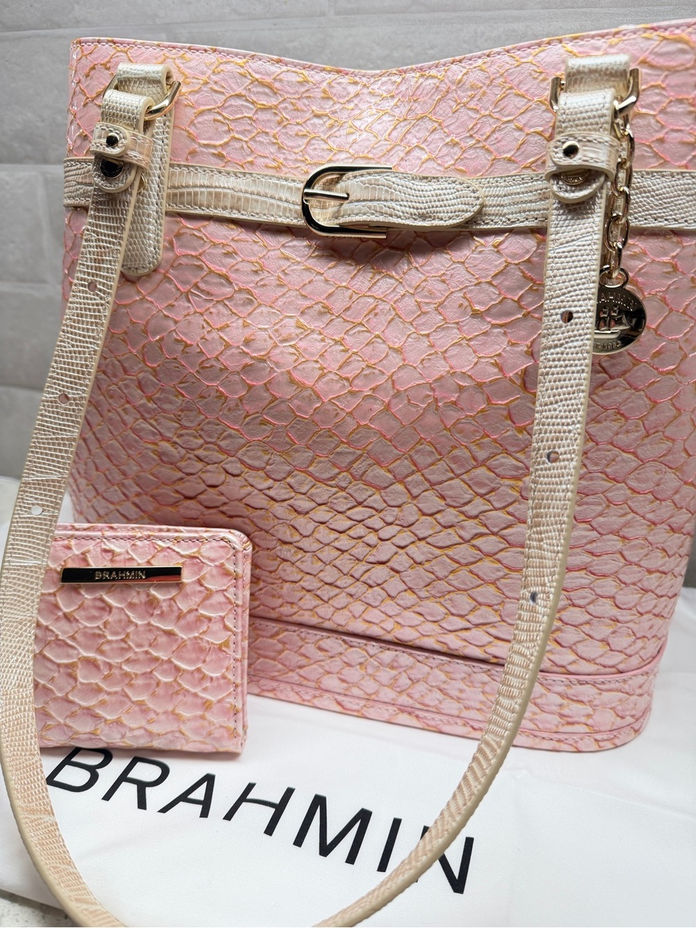 Brahmin Pink Textured Tote with Cream Straps